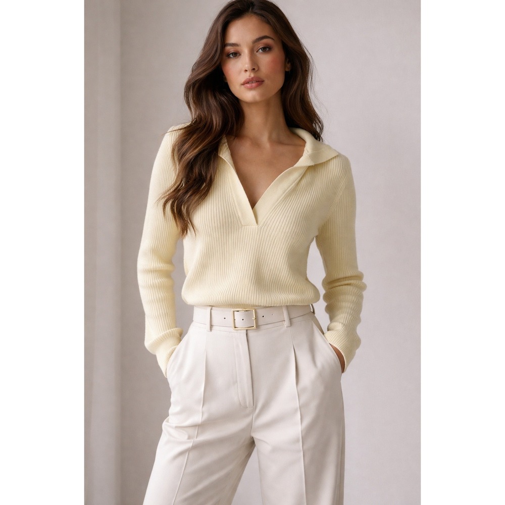 Babaton Cream Ribbed V-Neck Sweater